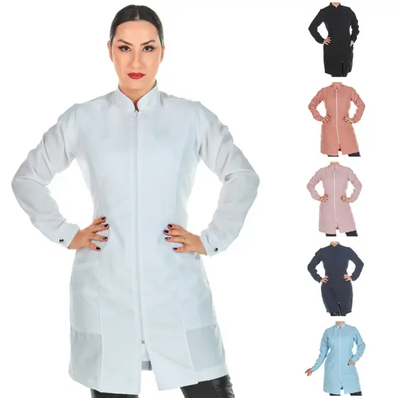 Jaleco Feminino Acinturado Oxford Manga Longa Com Zíper Gola Padre Várias Cores Estética Enfermagem