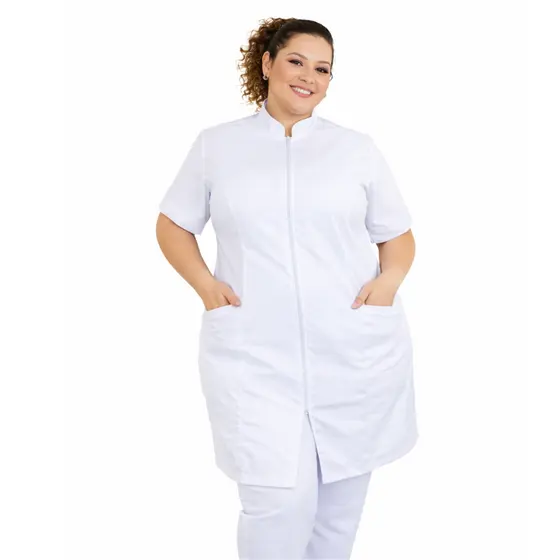 Jaleco Feminino Plus Size Oxford Zíper Gola Padre Manga Curta Profissional Várias Cores
