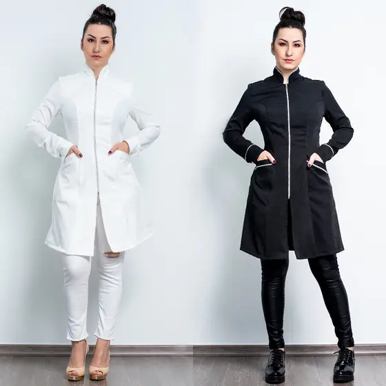 Jaleco Feminino Gabardine Com Elastano Acinturado Gola Padre Zíper Com Punho