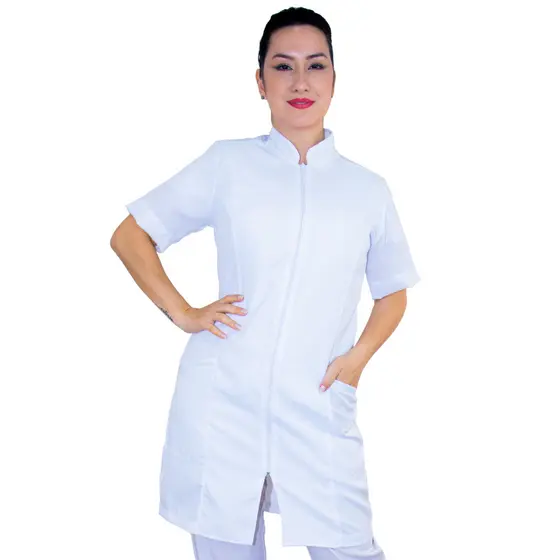 Jaleco Acinturado Manga Curta Oxford Feminino Com Zíper Branco Dentista Profissional Estudante