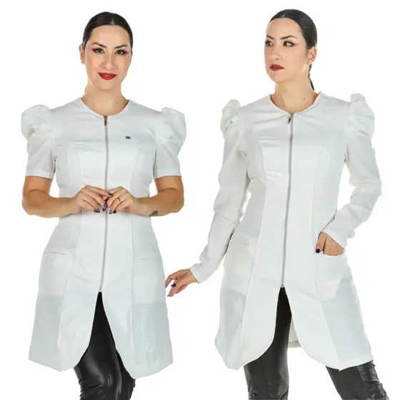 KIT 2 Jaleco Feminino Manga Bufante Princesa Curta e Longa Acinturado Profissional Esteticista