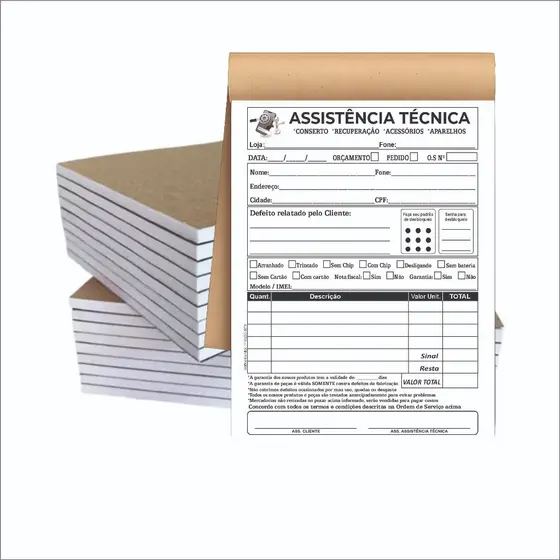 Assistência Conserto Técnico 5 blocos 10x14cm 50 folhas cada talão Orçamento Recibo/Ordem Serviço