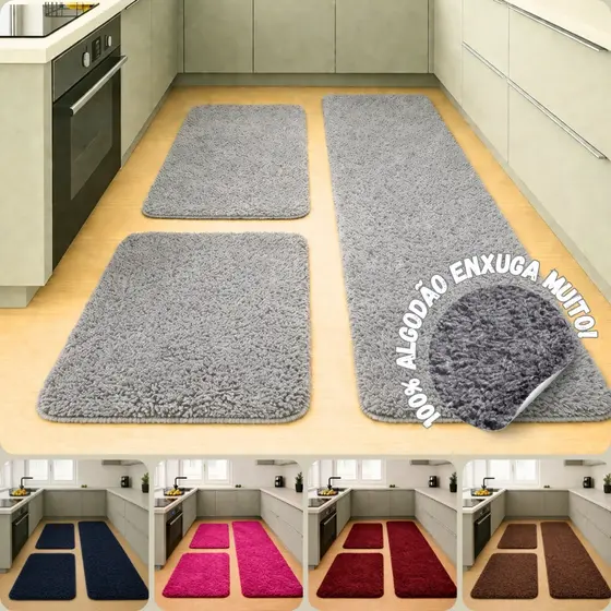 Tapete de Cozinha Quarto Corredor Passadeira Soft Jogo 3 Peças Macio Conforto Algodão