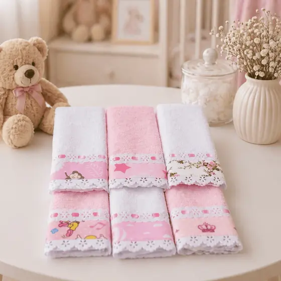 Kit Toalha Ombro ou Boca Babete 06 Unidades Lasy e Passa Fitas e Tecido Estampas Variadas Toalhas Coloridas Muito Macia