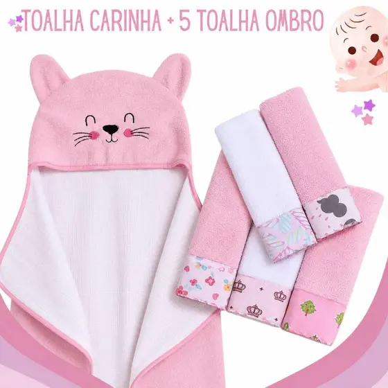 Kit Banho Bebê 6 Peças 1 Toalha Carinha Bordada E 5 Toalhinhas Ombro Overlocadas
