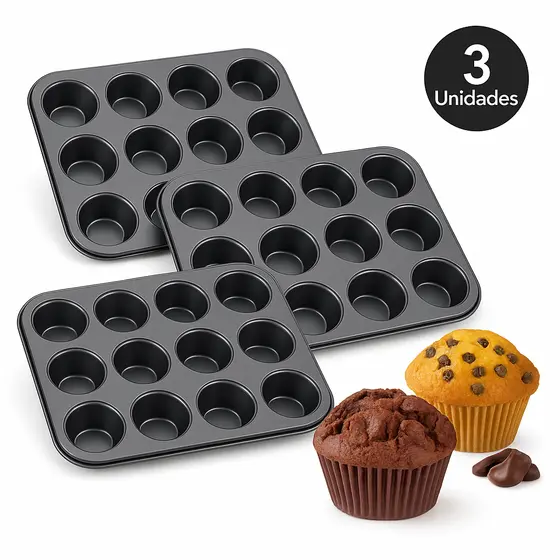 1, 2 ou 3 Forma Cupcake Forma Para Bolo Teflon Preta ou Dourada Gold Assadeira Antiaderente Grande