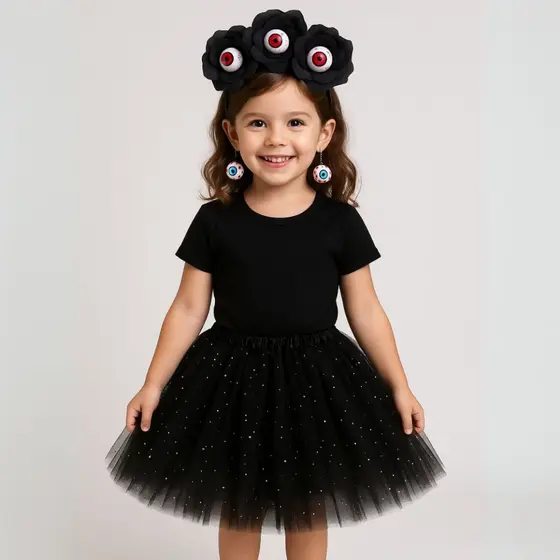 Fantasia Halloween Infantil Adulto OLHOS HORRIPILANTES- Tule Tiara e Brinco Feminina Dia Das Bruxas
