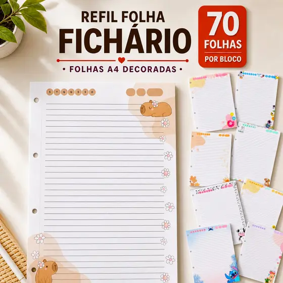 Refil Folhas de Fichário Vários Personagens Pautadas A4 70 Folhas Decoradas Colegial Folha Solta