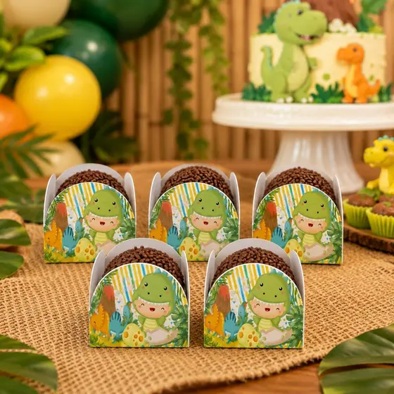 Forminha 4 Pétalas p Doces Dino Baby Verde e Rosa Dinossauro- Decoração Festa Aniversário Mesversario