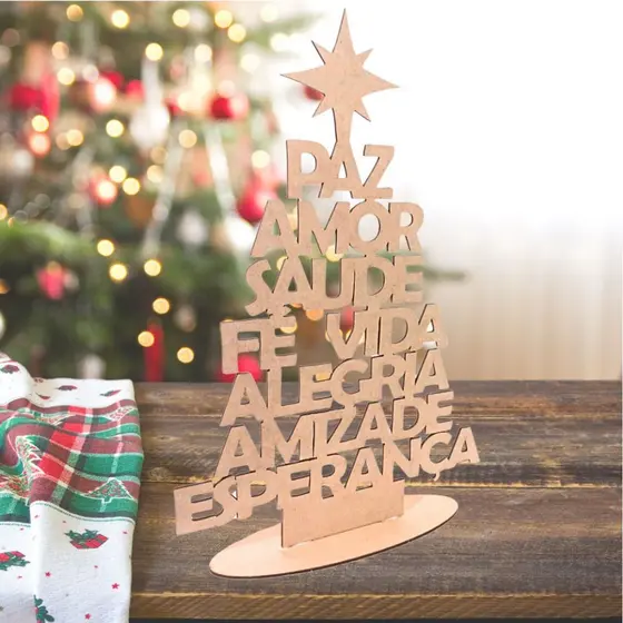 Árvore de Natal Ano Novo Dizeres- Decoração Enfeite Natalino Madeira MDF com Base Magia do Natal