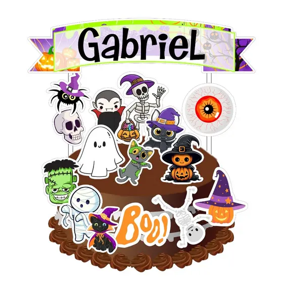 Topo de Bolo Horripilante Halloween Boo Personalizado - Topper de Bolo 3D Nome e Idade