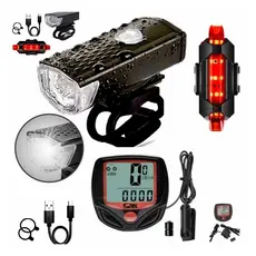 Kit Completo para Bicicleta | Farol LED Recarregável USB + Lanterna Traseira + Velocímetro Digital LCD |MT2255 MT039