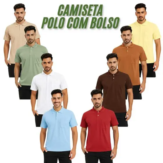Camisa Masculina Gola Polo Com Bolso  Lisa 100%  Algodão Verão Básica
