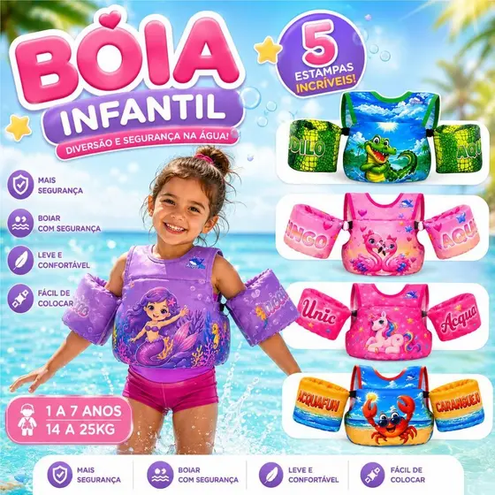 Boia Colete Salva Vidas Infantil Flutuador Não Fura Até 25kg Kids Segurança para Piscina e Praia (Várias Estampas)