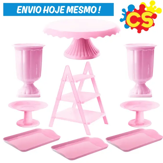 Kit 1 Boleira Cake Renda 22, 2 Vaso Romano, 2 Mini Cake, 3 Bandeja 20x13, 1 Escadinha