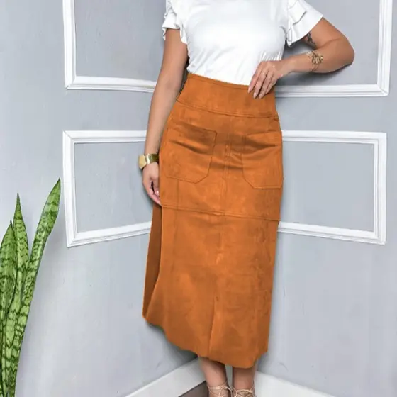 Saia Lisa Evangelica Femenino 2 Bolsos na Frente Tecido Scuba Suede Ziper Invisível Atrás Elegante