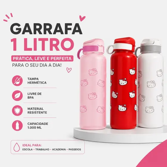 Garrafa Squeeze Hello Kitty 1 Litro com Alça Plástico BPA Free Lancheira Academia Anti Vazamento