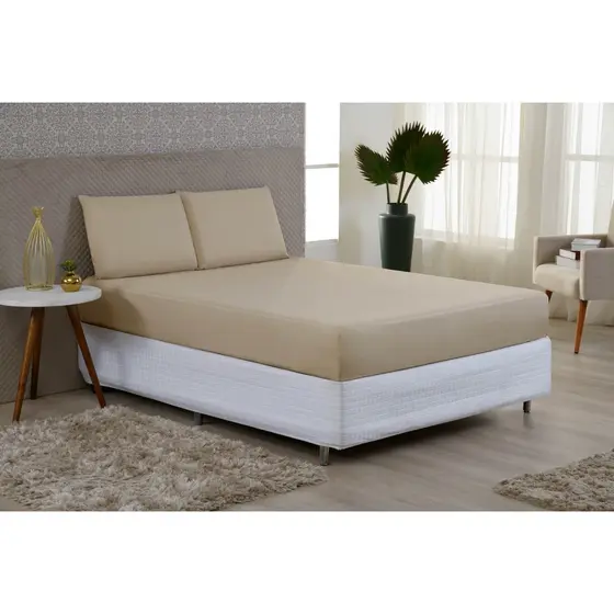 Kit Jogo De Lençol Roupa Cama Casal Padrão Lisa 3 Peças Oferta Caqui