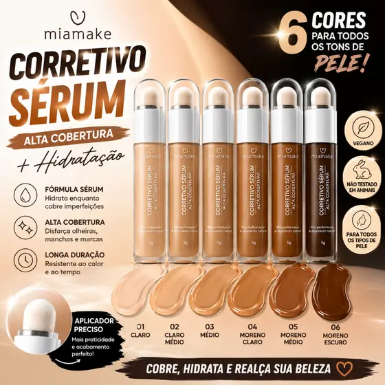 Corretivo Sérum Mia Make 3,5ml Alta Cobertura Hidratante Longa Duração Uniforme