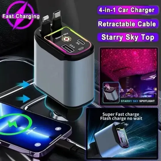 Carregador Veicular 120W Carregamento Rápido com LED 4 em 1carregador automotivo Androids iOS)_