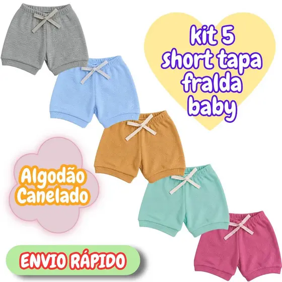 Kit 5 Short  Tapa Fralda  Roupa Bebê  Malha Canelada Algodão Maternidade Macacão Rescém Nascido