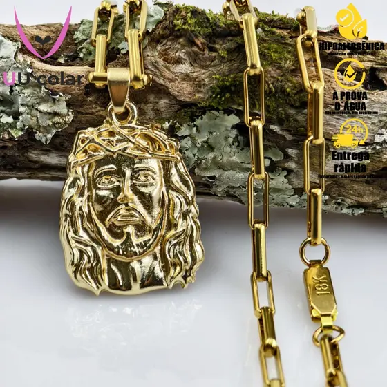 Corrente Cordão Cadeado de Moeda Antiga Pingente Face de Jesus Cristo - Fecho Gaveta Banhado a Ouro