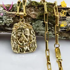 Corrente Cordão Cadeado de Moeda Antiga Pingente Face de Jesus Cristo - Fecho Gaveta Banhado a Ouro