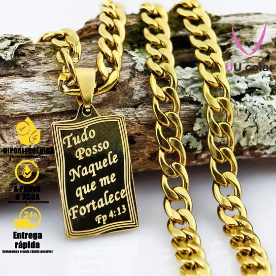 Colar Grumet 4mm de 60-70cm com Pingente "Tudo Posso" - Banhado a Ouro 18K, Não Escurece