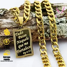 Colar Grumet 4mm de 60-70cm com Pingente "Tudo Posso" - Banhado a Ouro 18K, Não Escurece
