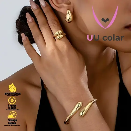 Elegância Dourada: Conjunto de pulseira, anel e brincos em formato de gota