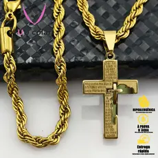 Corrente e Pulseira Longas Masculinas com Crucifixo, Pingente de Cruz e Oração "Pai Nosso" - Banhado a Dourado e Prata, Cordão de Aço Inoxidável 316L 18K