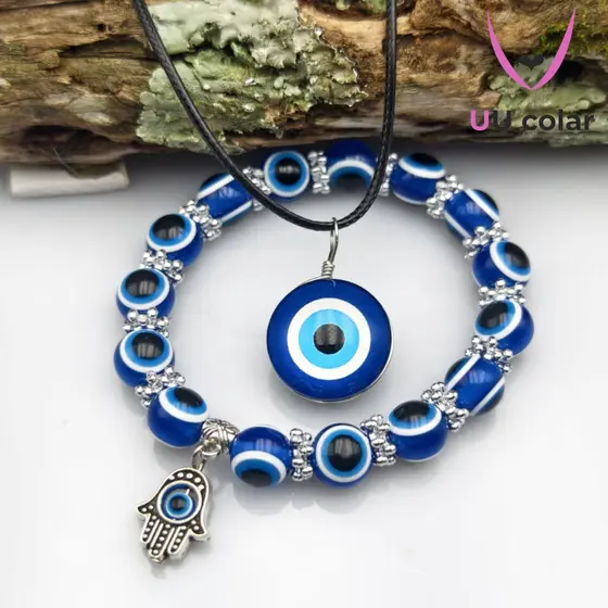 Kit Colar Pulseira de Olho Turco Azul com Amuleto de Mão de Fátima - Proteção e Sorte para Homens
