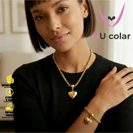 Conjunto Luxuoso de Coração Dourado – Colar e Pulseira para Todas as Ocasiões