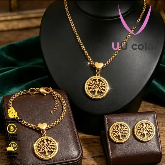 Conjunto de Bijuterias Femininas Árvore da Vida, Colar Pulseira e Brincos Delicados