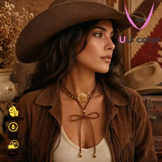 Gargantilha Boho Chic com Concho Turquesa e Couro Sintético Estilo Cowboy