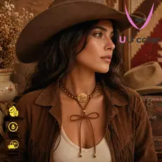 Gargantilha Boho Chic com Concho Turquesa e Couro Sintético Estilo Cowboy
