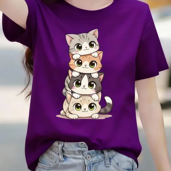 Camiseta Feminina 100% Algodão Premium Estampada Gatinho Pilha Casual Confortável Moda