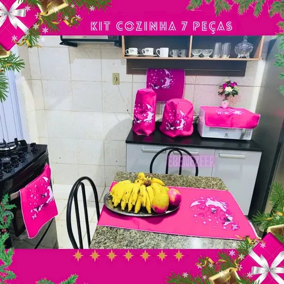 Kit Cozinha 7 Pçs Decoração Natal Enfeites Natalino Christmas Decoration Pano Prato Papai Noel Sinos