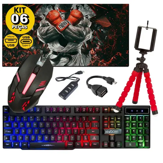 Kit Mobilador Gamer Para Android Com Teclado Mouse Tripé e Adaptador C ou V8 Free Fire