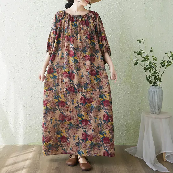 Oladivi L-8XL Plus Size Moda Impressão Feminina Boêmio Vestido Longo Casual Solto Oversized Verão Praia Túnica 1059 C050