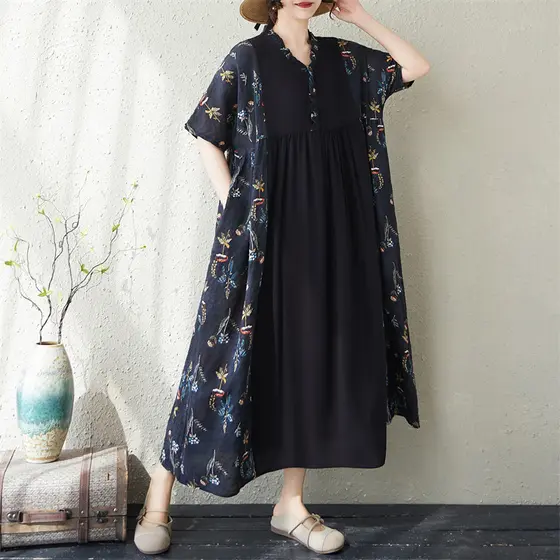 Oladivi Plus Size Moda Impressa Feminina Vestido Boêmio Manga Curta Casual Solto Oversized Verão Túnica Longa 8528 D048