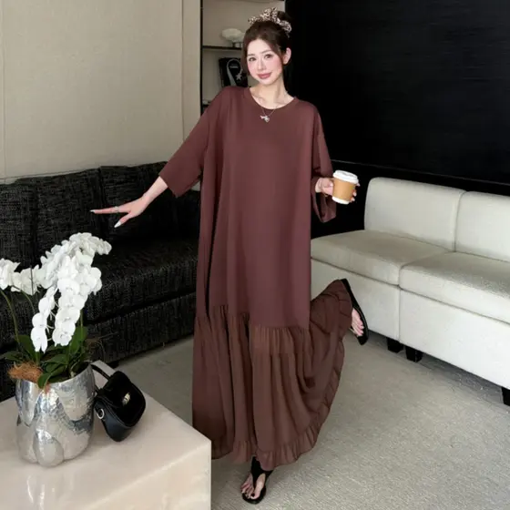 Oladivi Plus Size Feminino Casual Vestido De Malha Verão Manga Curta Oversized Longo Túnica Robe 61231 F118
