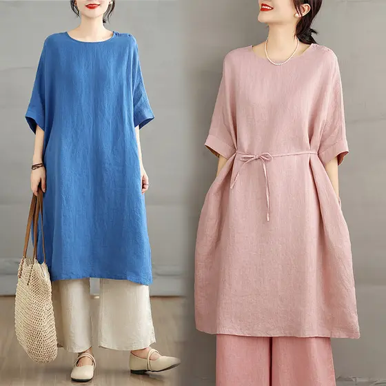 Oladivi Plus Size Mulheres Vestido De Linho De Algodão Manga Curta Verão Casual Túnica Oversized Robe 3871 D061