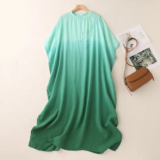 Oladivi Plus Size Feminino Casual Solto Bordado Vestido De Manga Curta Verão Túnica Oversized Robe 3421 D061