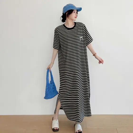 Oladivi Plus Size Moda Listrada Mulheres Manga Curta Vestidos De Verão Casual Túnica Oversized 6432 F106