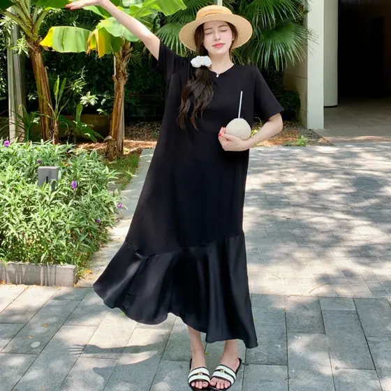 Oladivi Plus Size Mulheres Casual Solto Vestido Preto Verão Estilo Coreano Vestidos Oversized 51059 F054