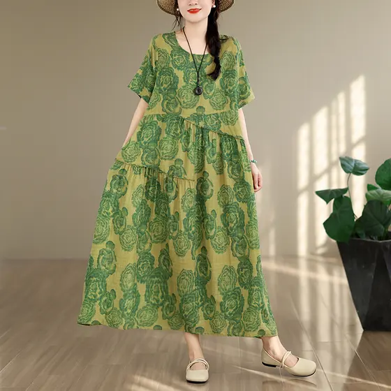 Oladivi Plus Size Feminino Férias Boêmio Impressão Maxi Vestido Verão Oversized Algodão Linho Solto Casual Praia Longo 7