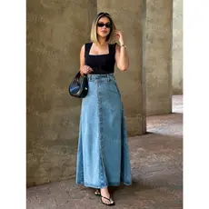 Coolestfeminina 1005 1007 Saia Longa  jeans Com botao forrado feminina tecido grosso