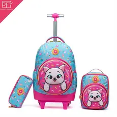Kit Mochila de Rodinha Gatinho Feminina Infantil Estojo Escolar Lancheira Térmica