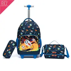 Kit Mochila Rodinhas Infantil Menino Lancheira Térmica Estojo Reforçada Foguete Espaçosa Escolar